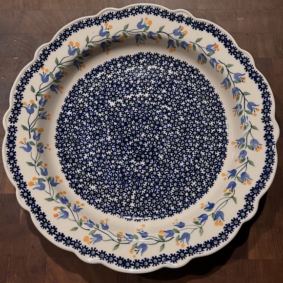 Vintage Polish Pottery Blue Tulips Large Platter 13”